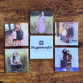 Collection of photo magnets on a wooden surface with 'MagneteryCo' branding.